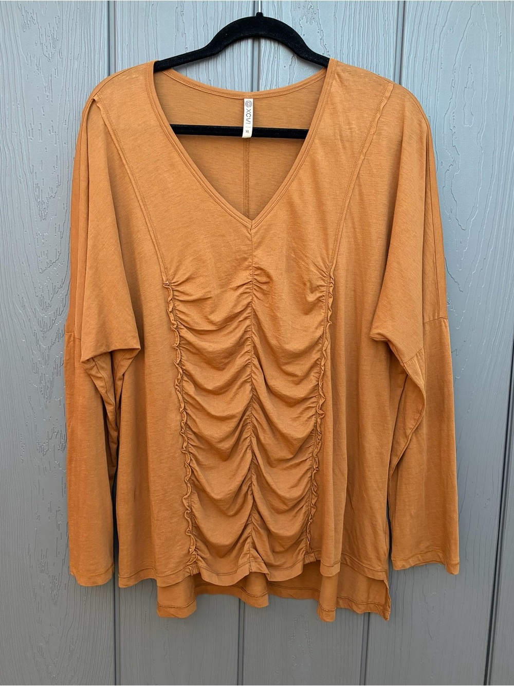 XCVI Ruched V-Neck Top Women Large Long Sleeve Cotton Boho Earthy Granola Goblin